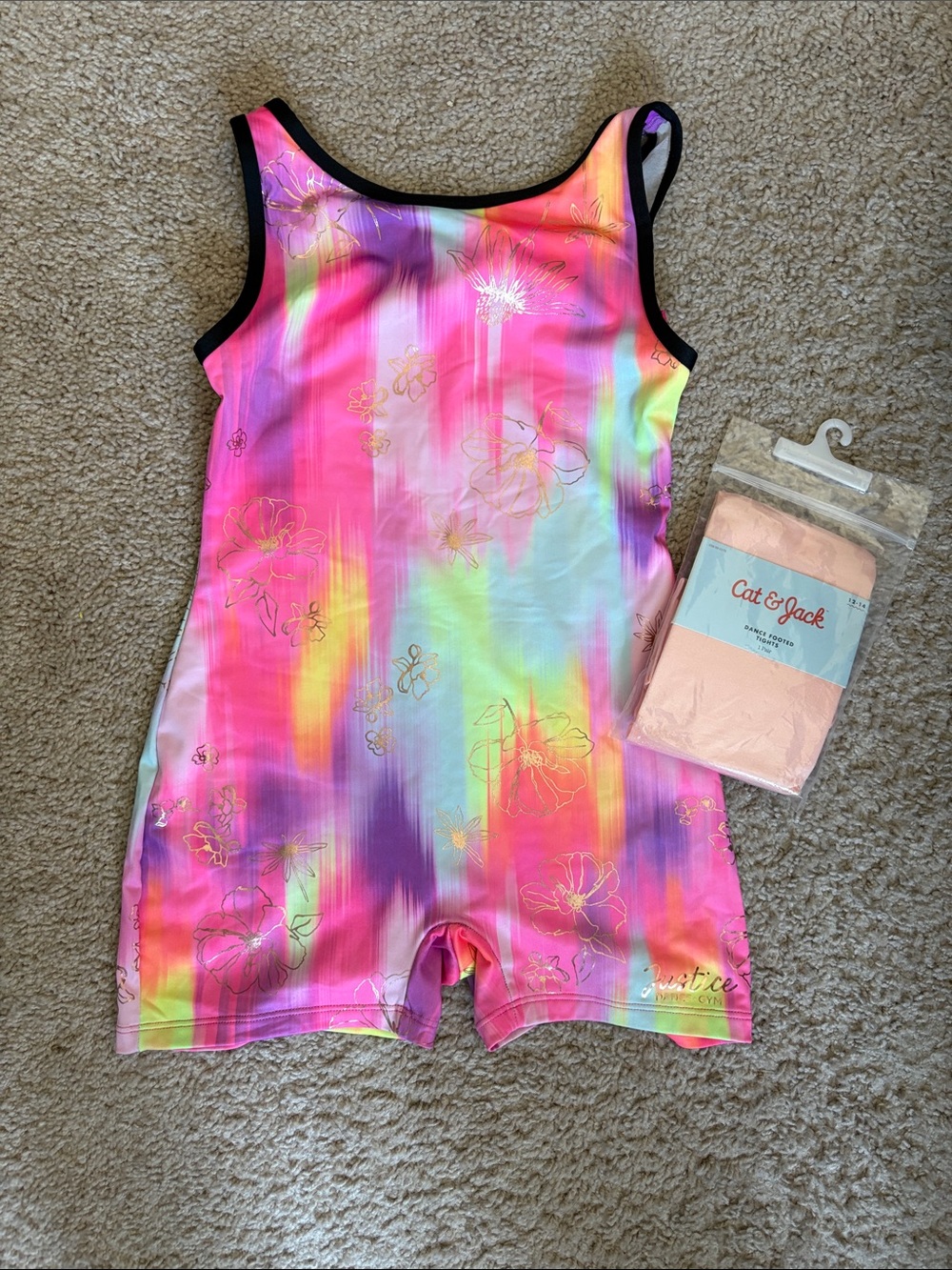 Justice Girls Neon Rainbow Floral Dance Leotard - Pink, Purple, Yellow, Blue